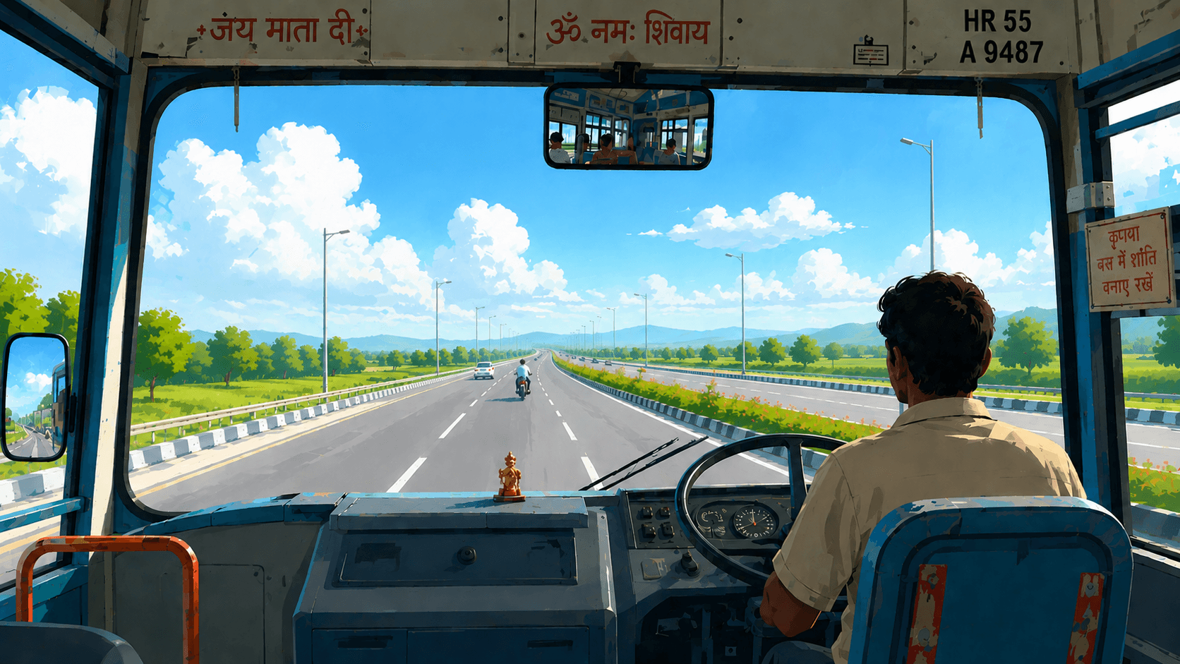 View from inside the Indian bus looking through the windshield